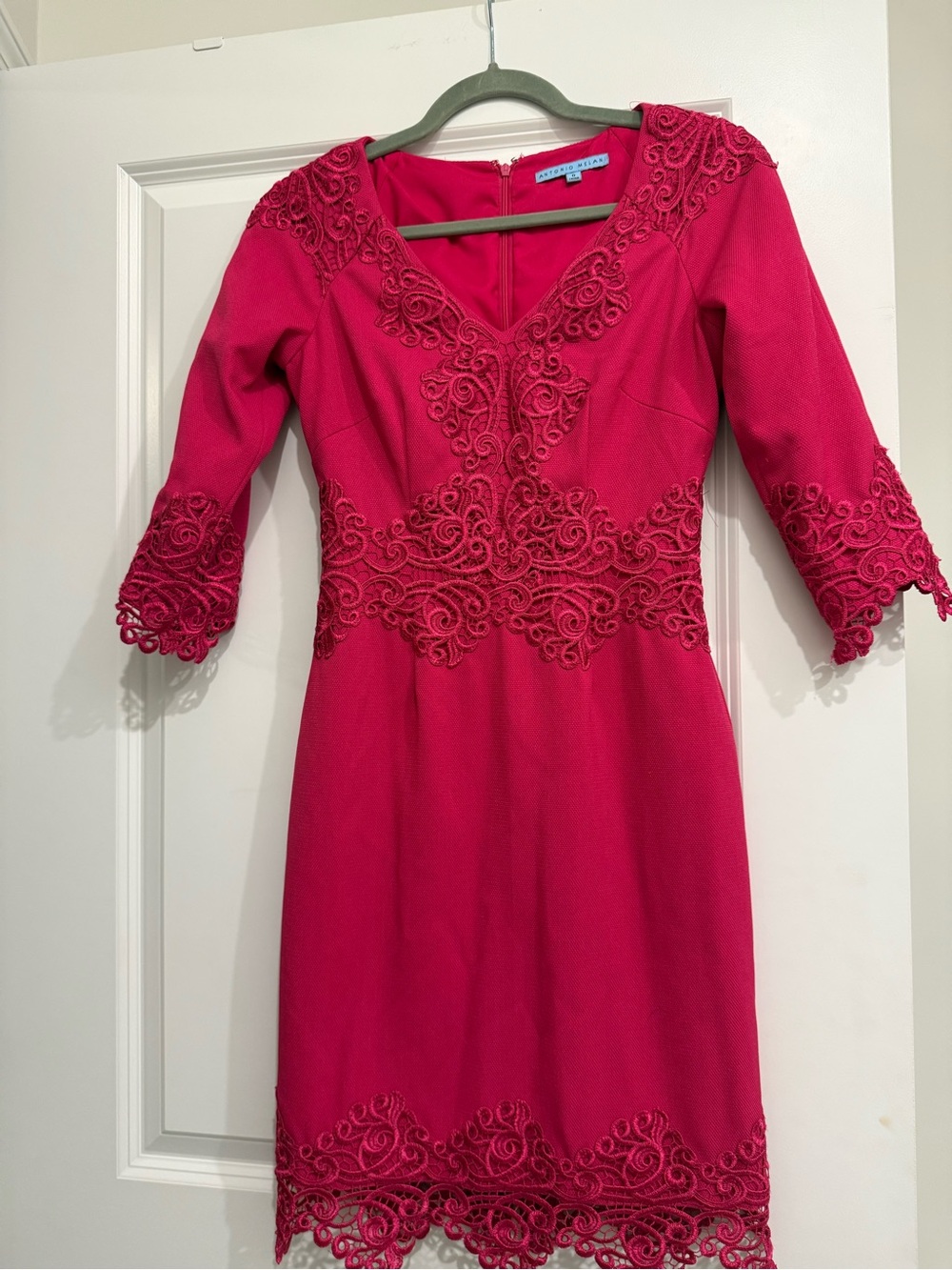 Bright Fuchsia Lace-Trim V-Neck Dress